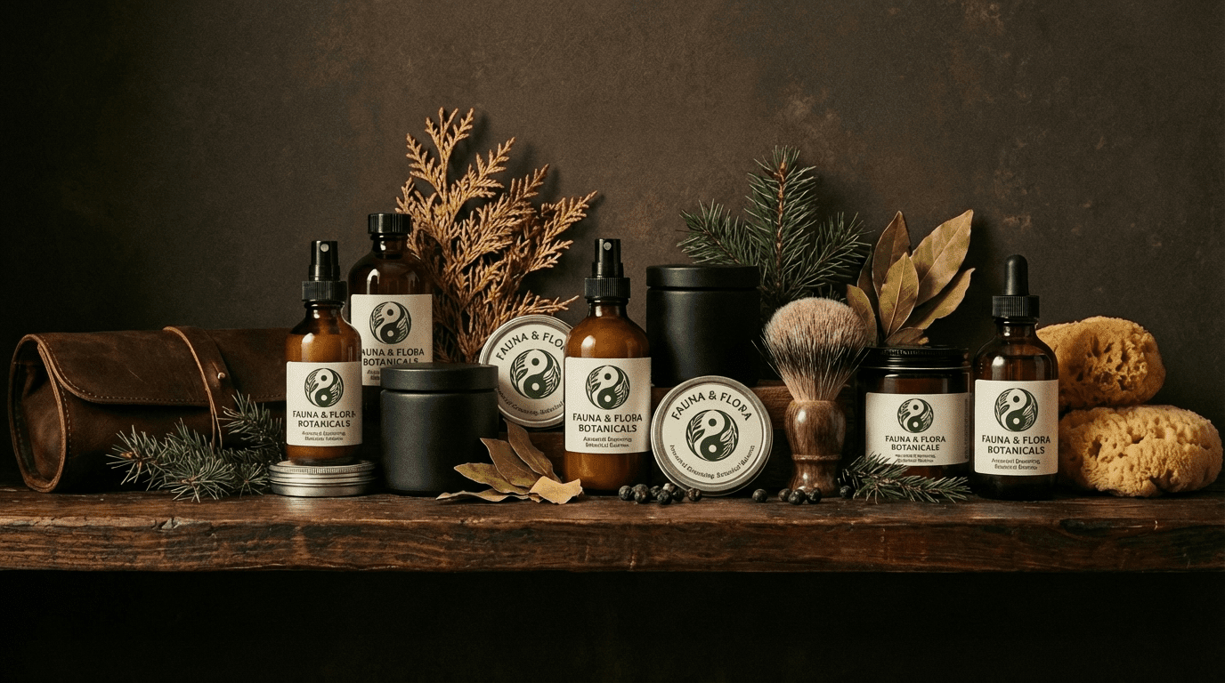 The full Fauna & Flora Botanicals collection on a rustic wooden shelf with botanical accents